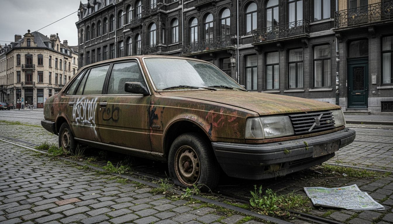 Abandon véhicule Bruxelles : vieille voiture rouillée taguée sur pavés