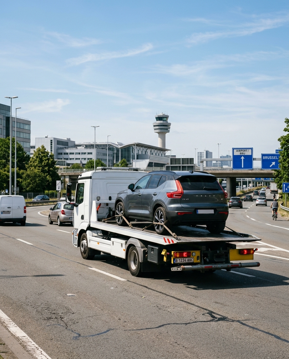Camion dépannage transportant un SUV Volvo sur autoroute près de l