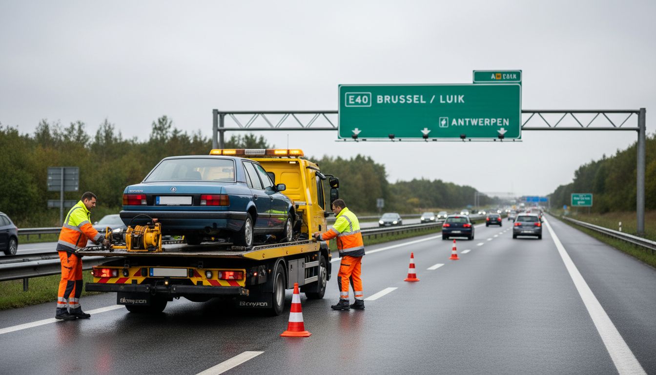 Dépannage autoroute Belgique E40 : remorqueuse jaune charge véhicule en panne sous la pluie