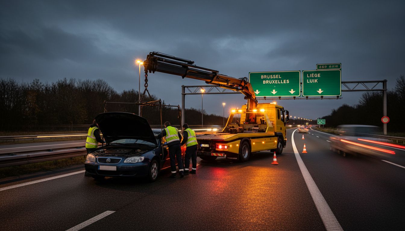 Dépannage autoroute belgique : remorqueuse et techniciens sur l'E40 près de Bruxelles