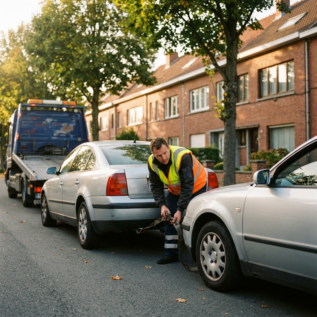 Dépannage Voiture à Haren – technicien en gilet jaune intervenant entre deux véhicules