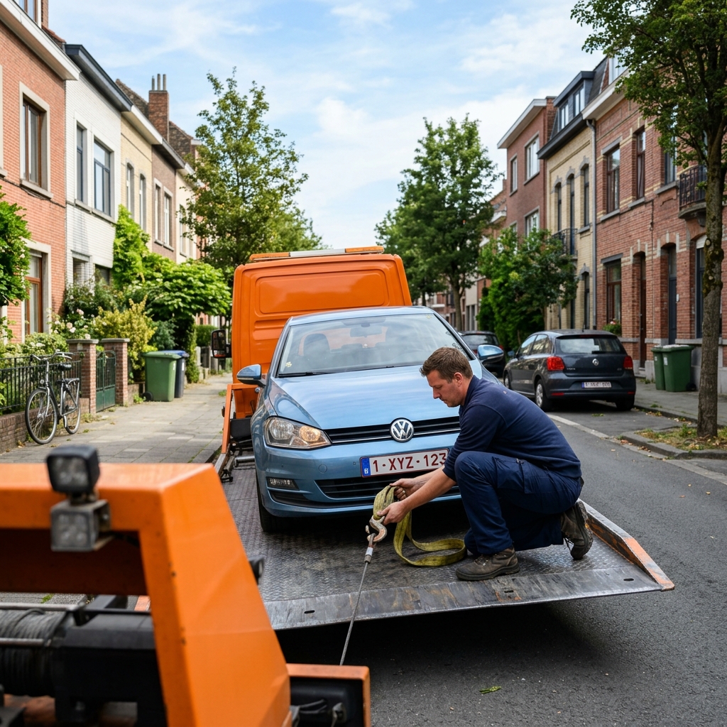 Dépannage Voiture à Neder-Over-Heembeek - technicien sécurisant une VW Golf bleue sur plateau de dépanneuse orange