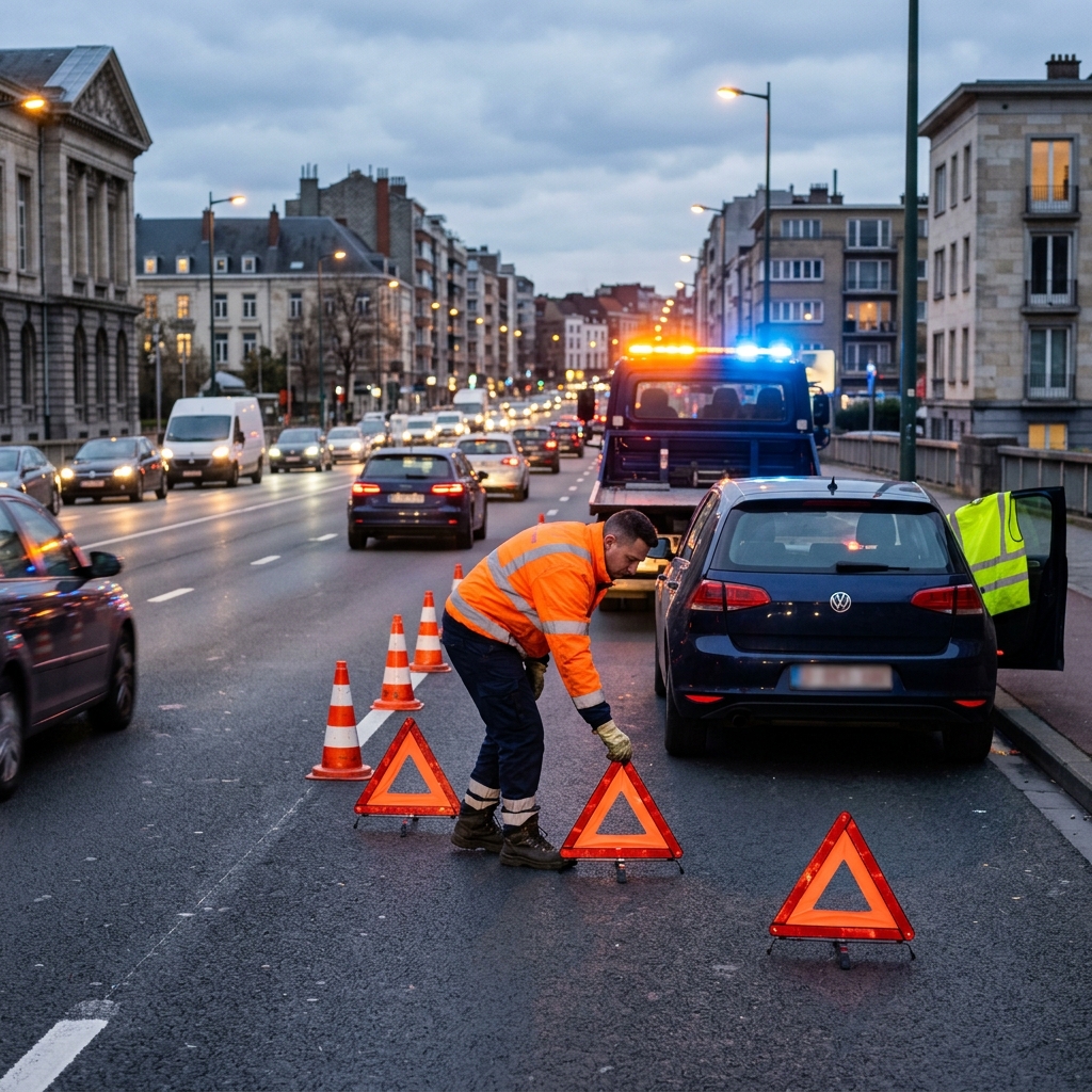 Dépannage voiture à Neder-Over-Heembeek, technicien posant des triangles de signalisation