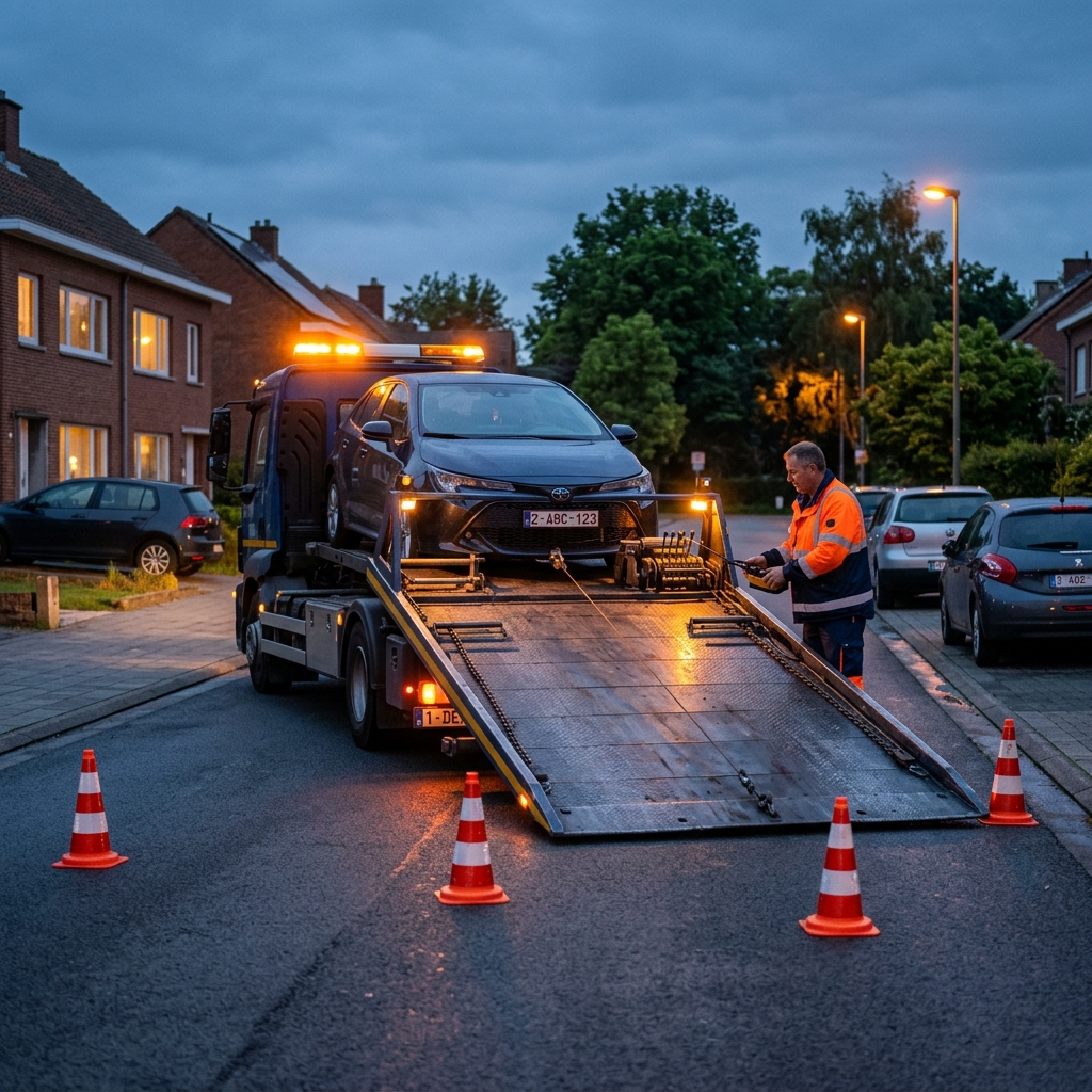 Dépannage voiture à Wezembeek-Oppem, chargement Toyota sur plateau remorque de nuit