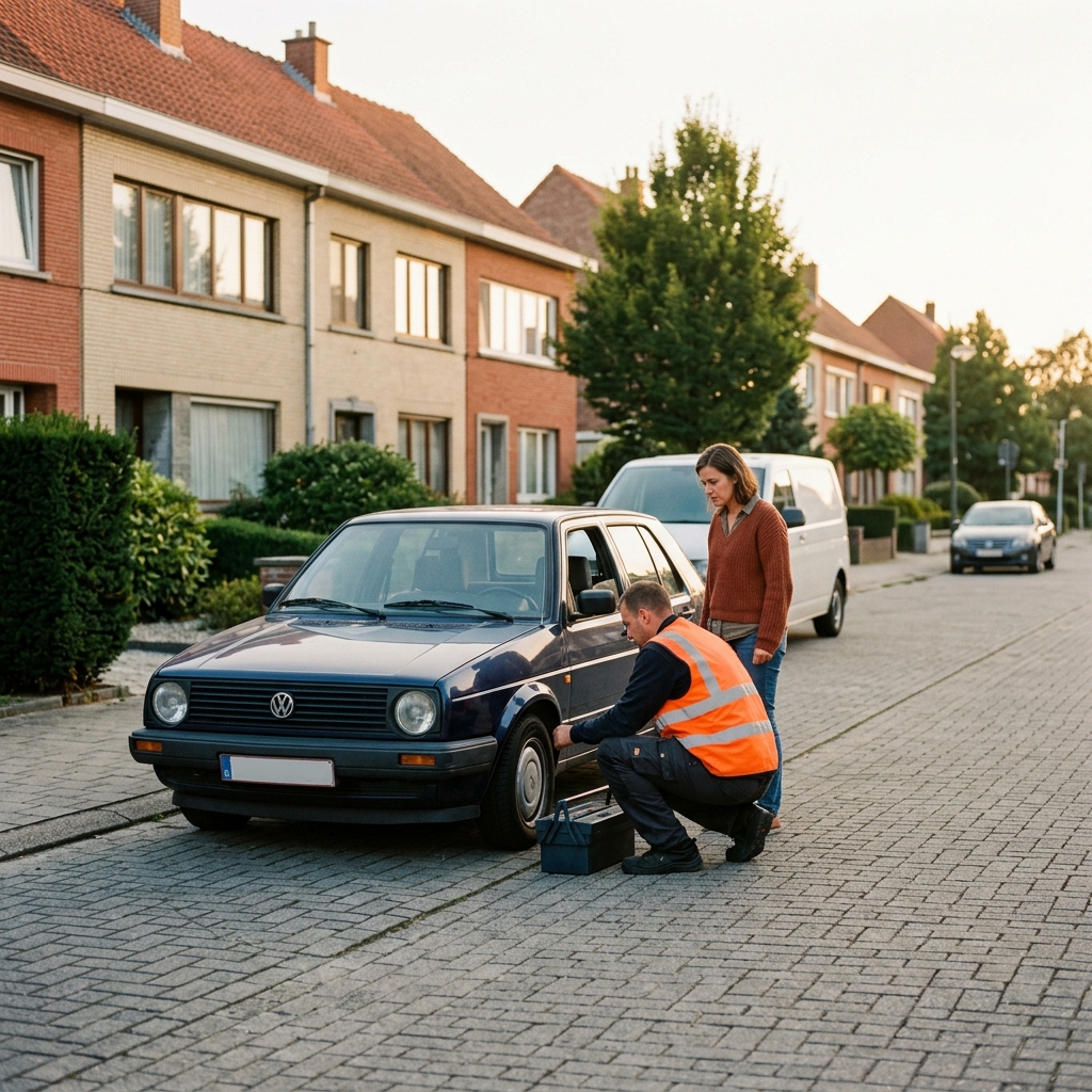 Dépannage Voiture à Wezembeek-Oppem par technicien en gilet orange sur Golf bleue