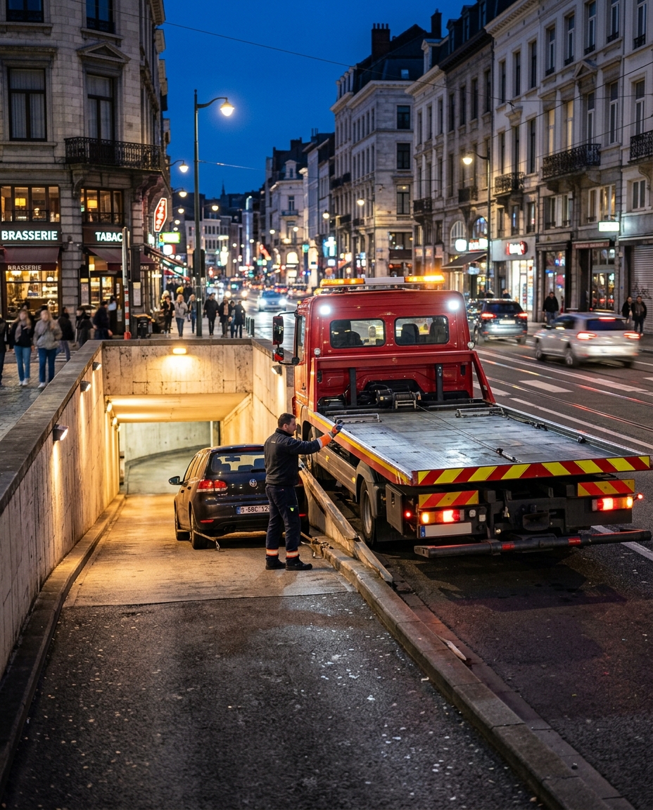 Dépannage voiture en parking souterrain à Bruxelles, camion remorque rouge de nuit