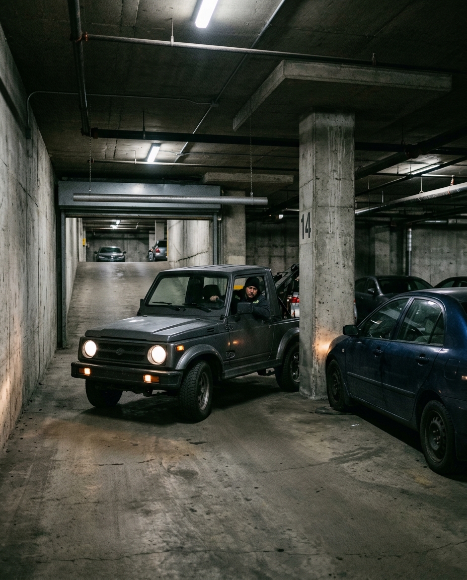 Dépannage voiture en parking souterrain à Bruxelles, Suzuki Jimny avec gyrophare