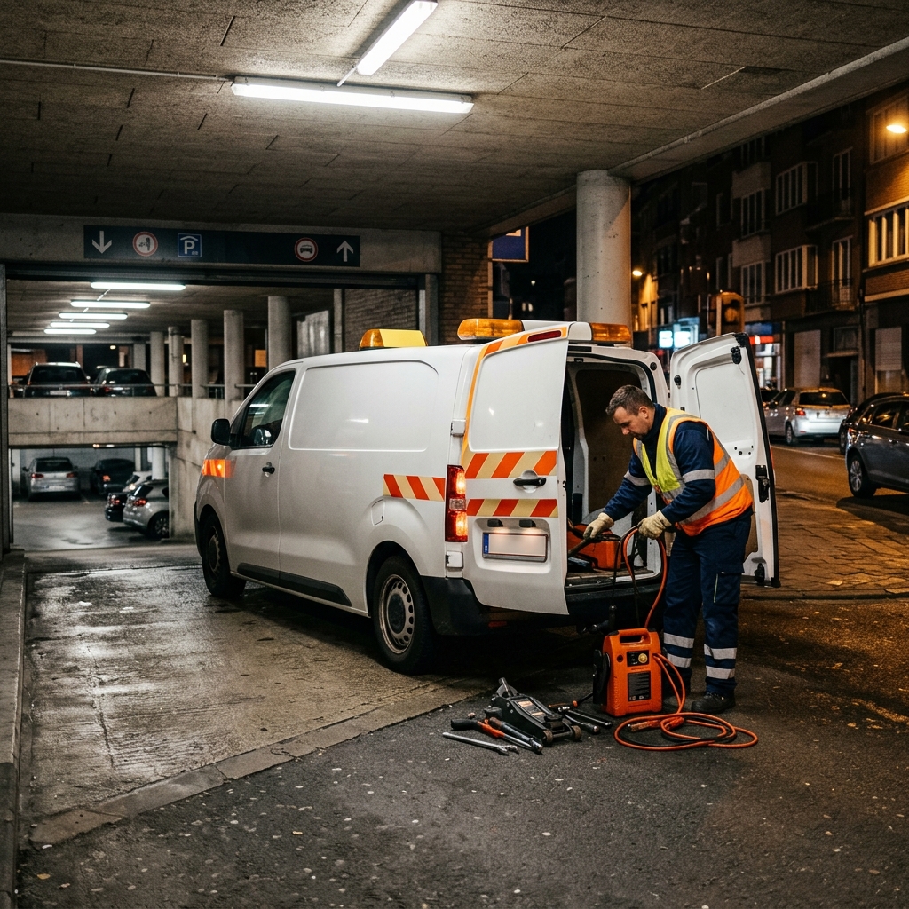 Dépannage voiture parking souterrain à Bruxelles par technicien avec van équipé 24h/24