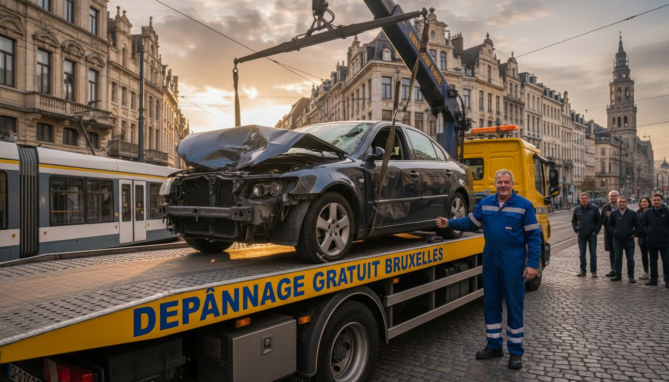 Épaviste Bruxelles gratuit remorquant une voiture accidentée en centre-ville
