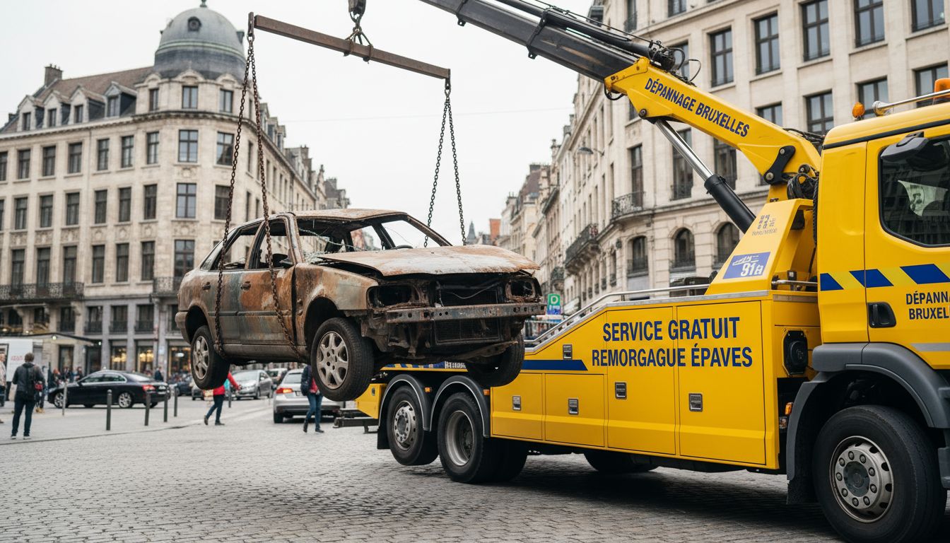 Épaviste Bruxelles gratuit remorquant une épave rouillée en centre-ville