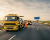 Camion dépanneuse jaune Mercedes sur autoroute belge avec technicien en gilet orange