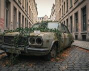 Voiture abandonnée envahie de lierre dans une ruelle pavée de Bruxelles couverte de graffitis