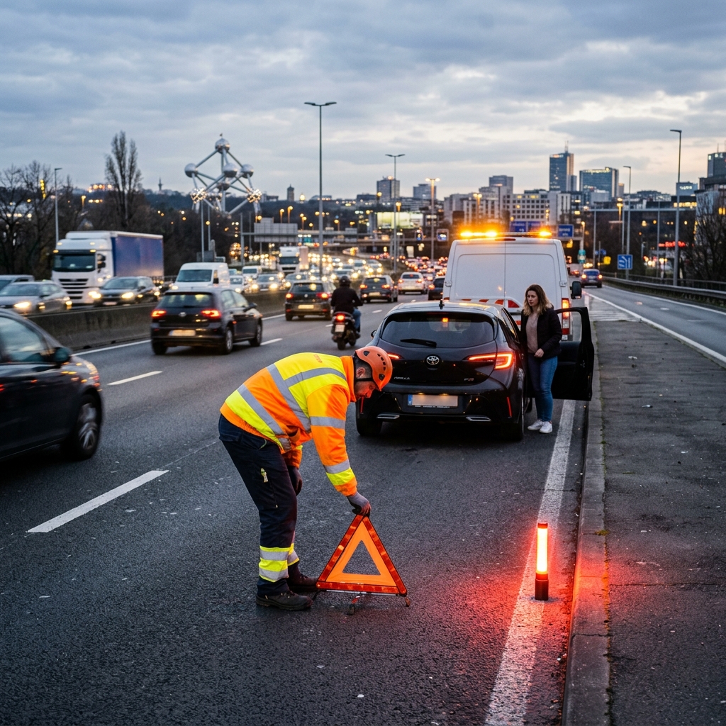 Technicien dépannage pose triangle sécurité sur autoroute à Bruxelles de nuit