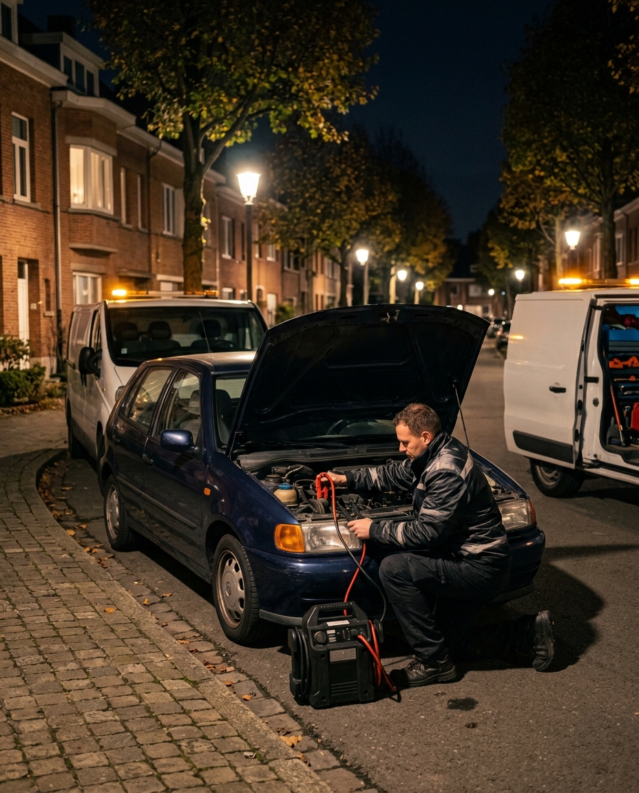 Technicien en dépannage voiture de nuit à Haren connectant des câbles de démarrage