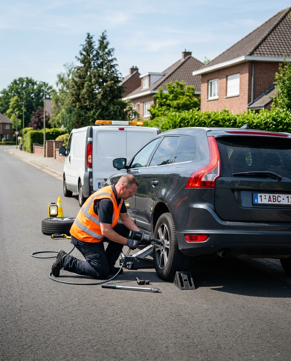 Technicien en gilet orange changeant un pneu sur une Volvo XC60 à Wezembeek-Oppem
