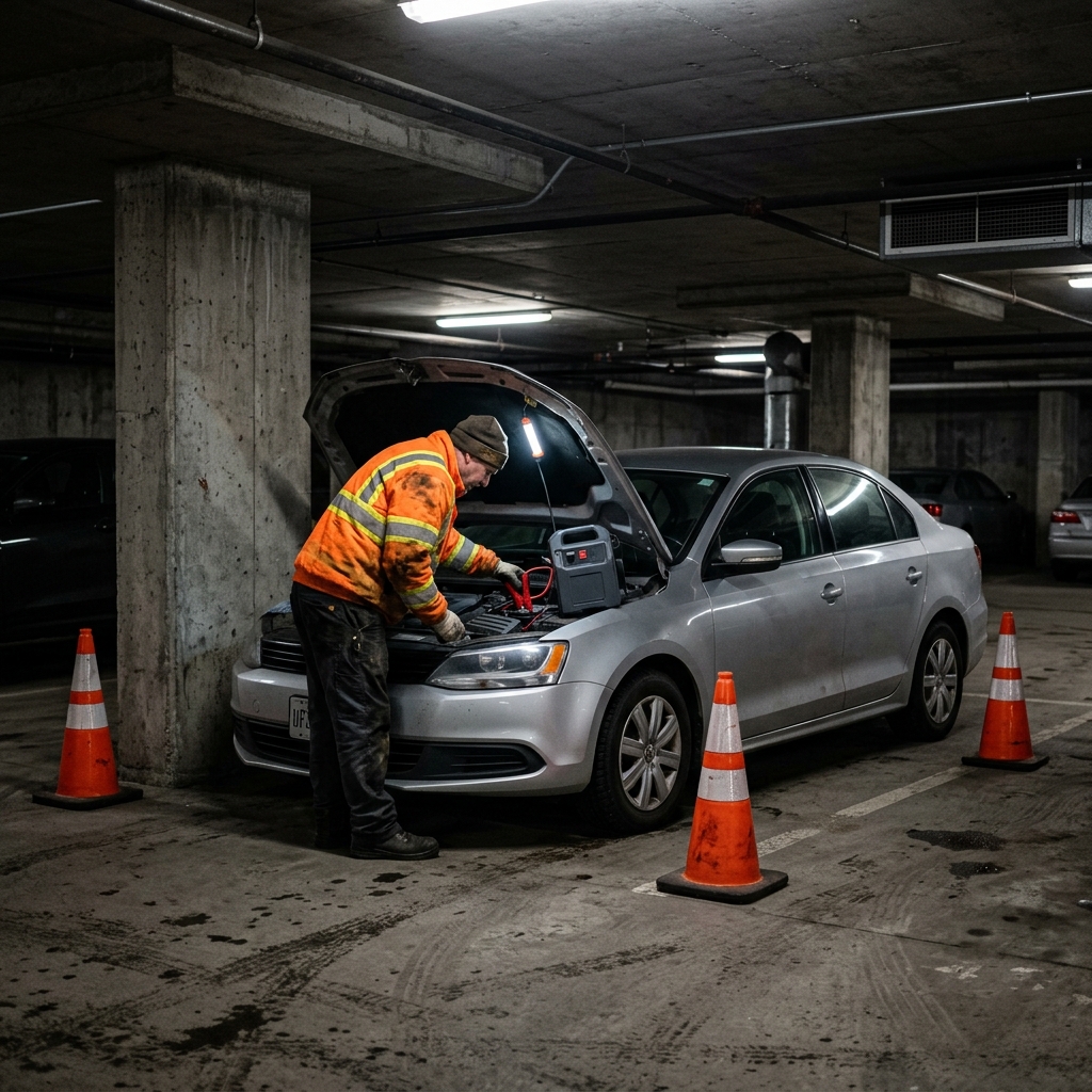 Technicien en gilet orange dépannant une voiture dans un parking souterrain à Bruxelles