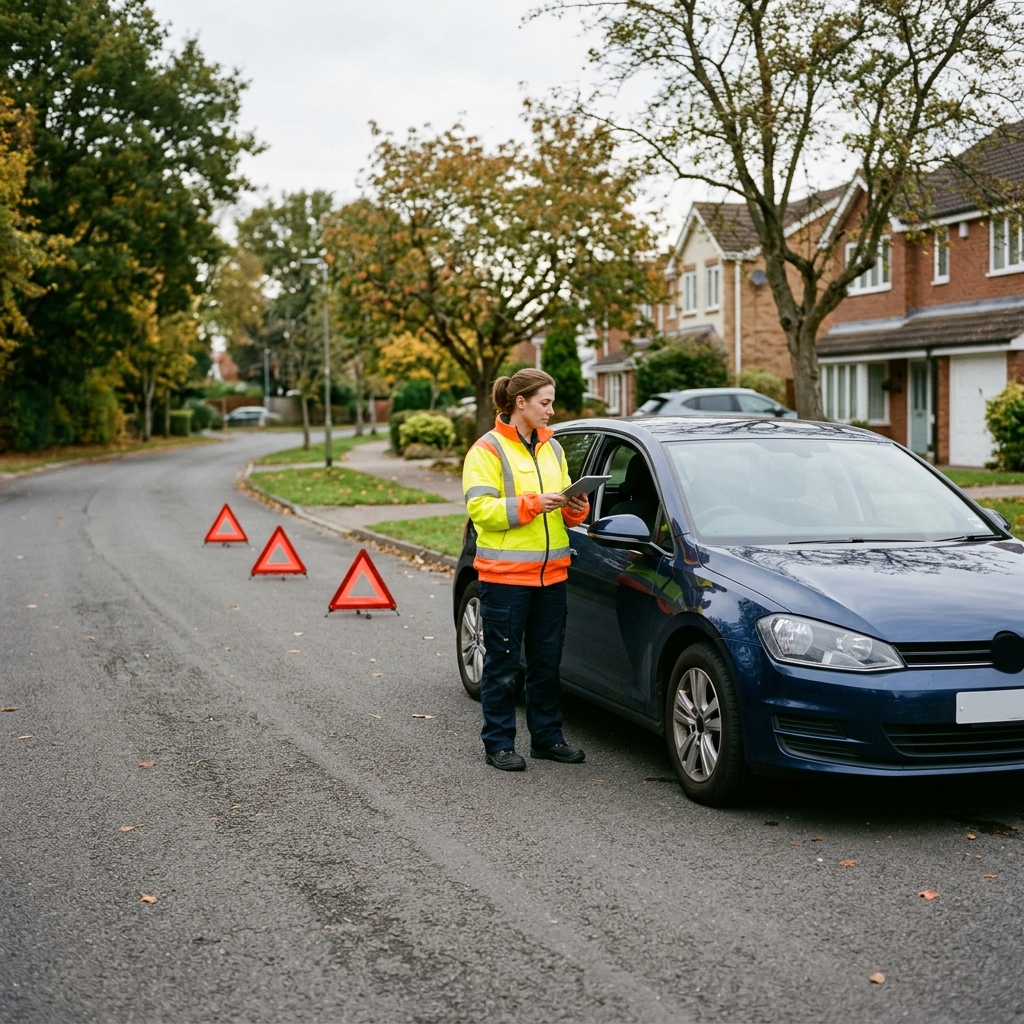 technicienne-en-gilet-jaune-depannant-une-sco1 Technicienne en gilet jaune dépannant une voiture bleue à Rhode-Saint-Genèse