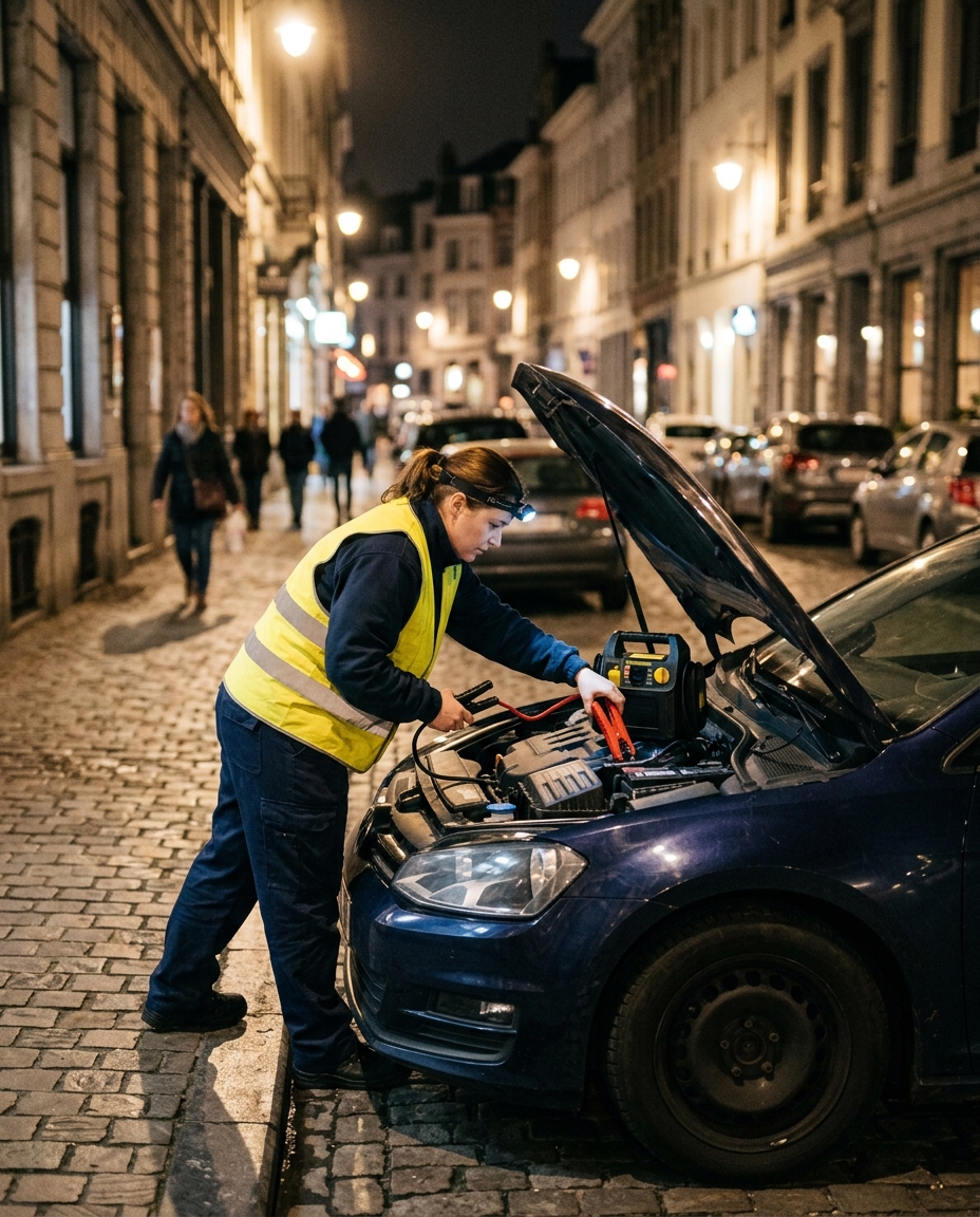 Technicienne en gilet jaune dépannant une voiture de nuit à Neder-Over-Heembeek