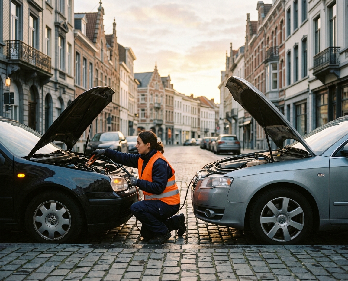 Démarrage voiture à Bruxelles : une dépanneuse utilise des câbles sur une
