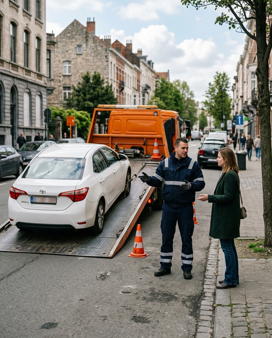 Dépannage et sortie de fourrière Bruxelles : une femme discute avec un dépanneur devant une voiture blanche sur une
