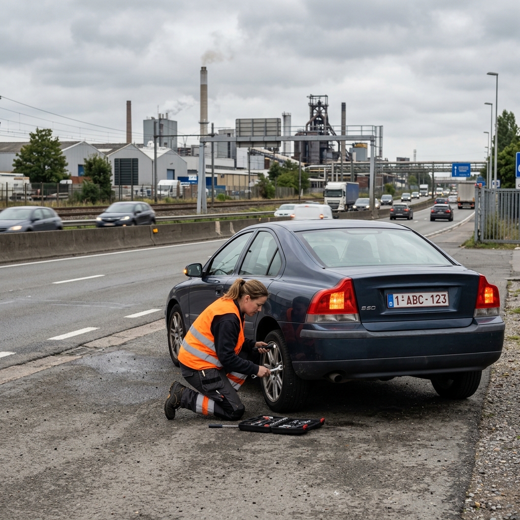 depannage-voiture-a-vilvorde-mecanicienne-91ib Dépannage voiture à Vilvorde : mécanicienne changeant une roue sur le bord