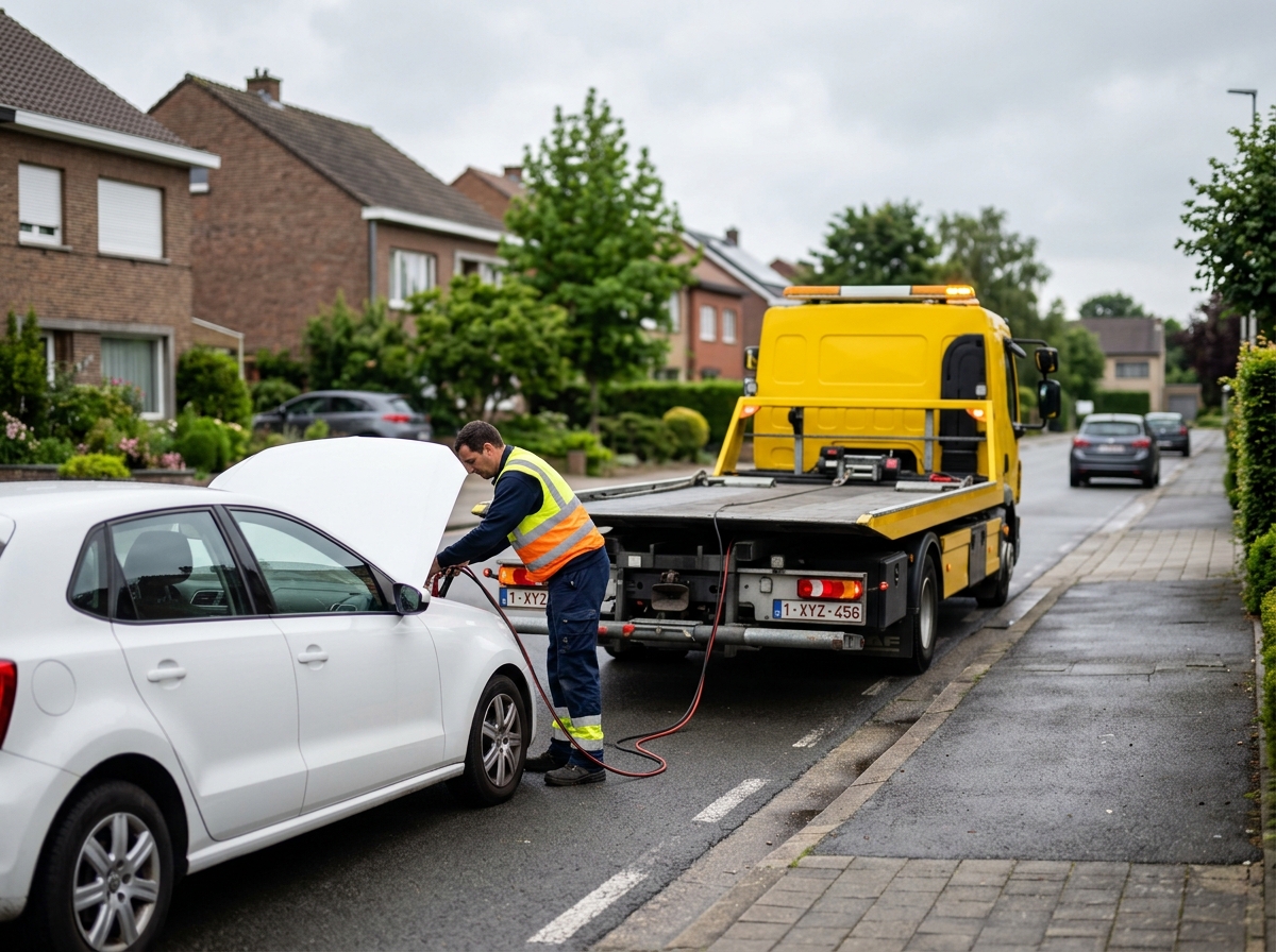 Dépannage Voiture à Wemmel : un dépanneur avec gilet jaune aide une voiture blanche en panne.