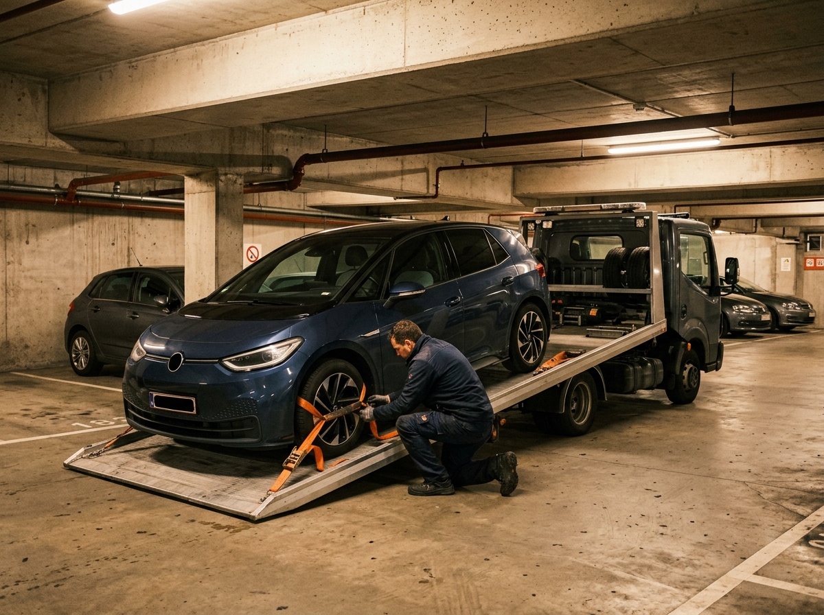 Dépannage voiture à Wemmel : un professionnel sécurise un véhicule sur sa dépan