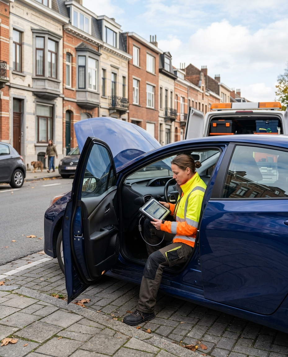 Dépannage voiture hybride à Bruxelles par une technicienne utilisant une valise