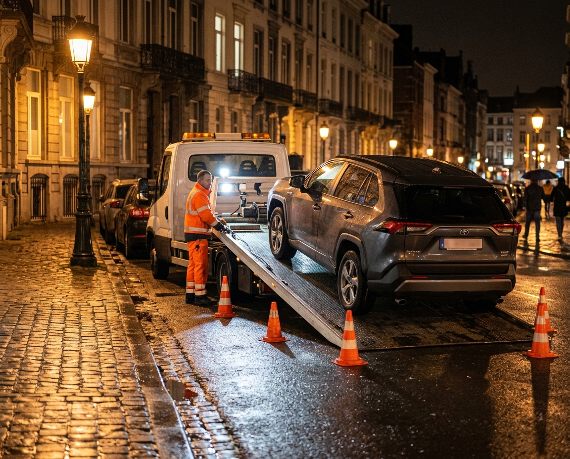 Dépannage voiture hybride à Bruxelles : un dépanneur charge un SUV sur son camion