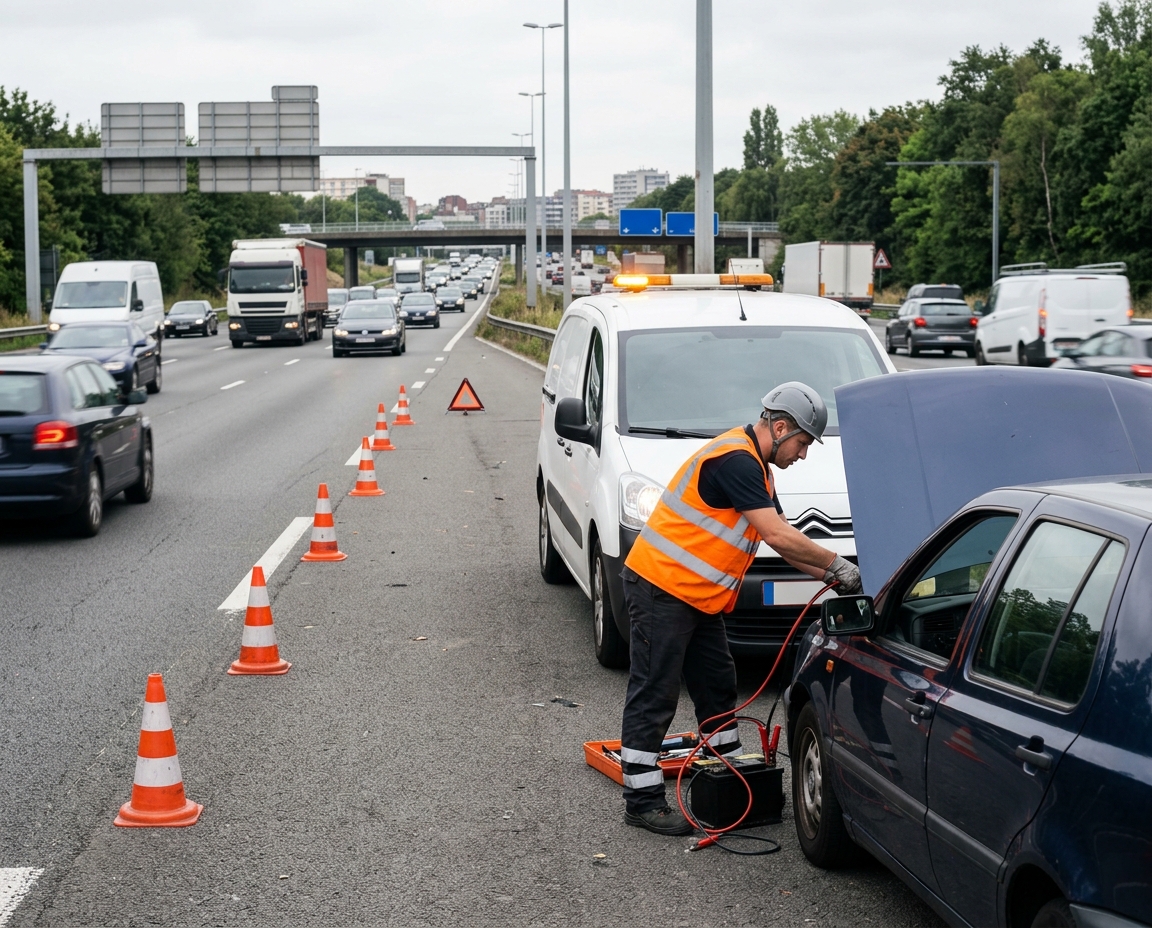 Dépannage voiture sur le Ring de Bruxelles : mécanicien avec câbles de démarrage.
