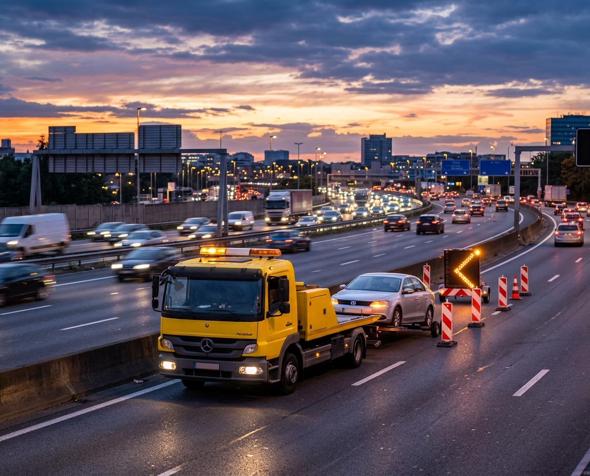 Dépanneuse jaune transportant un véhicule lors d