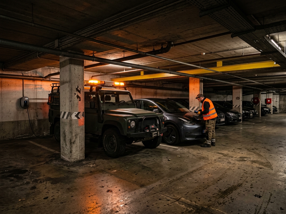 Intervention de dépannage voiture à Laeken dans un parking souterrain.
