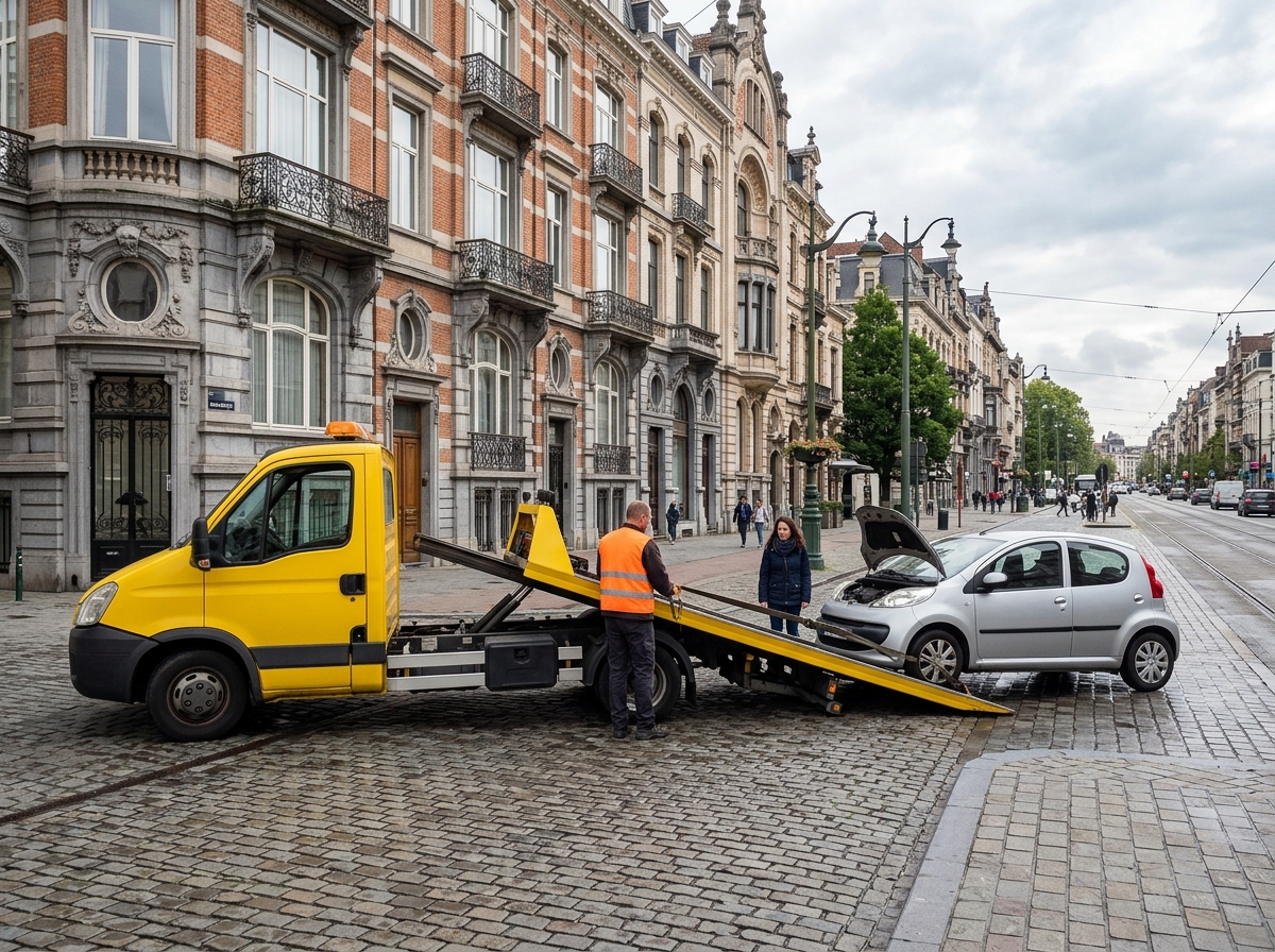 Intervention de dépannage voiture à Laeken : dépanneuse jaune remorquant un véhicule
