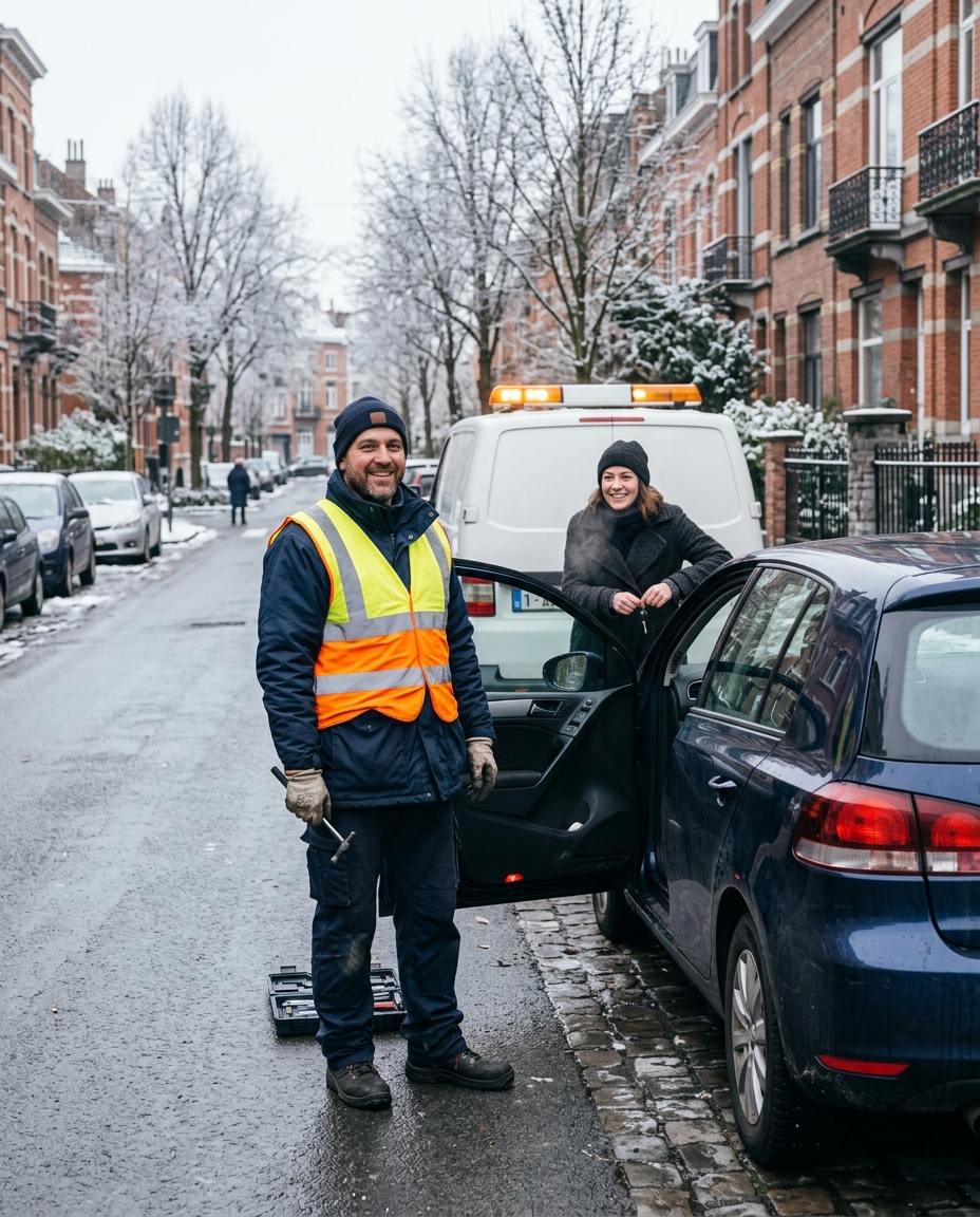 Intervention réussie de démarrage voiture à Bruxelles par un dépanneur souriant en hiver.