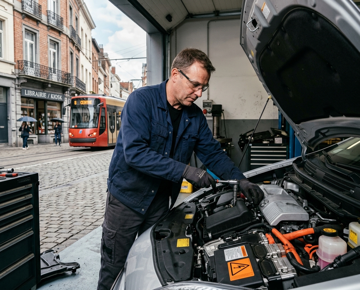 Mécanicien effectuant un dépannage voiture Hybride à Bruxelles.