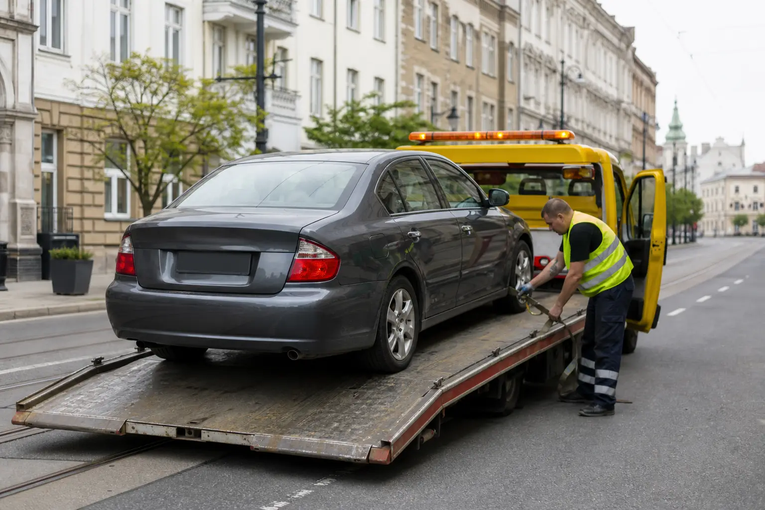 Intervention de remorquage voiture Bruxelles : dépanneur sécurisant un véhicule sur plateau.