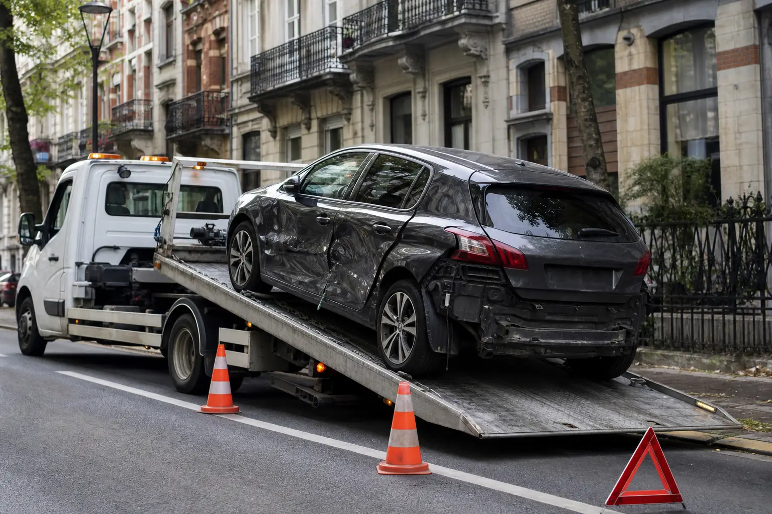 remorquage-voiture-accidentee-bruxelles-o4tj Remorquage voiture accidentée Bruxelles : véhicule gris endommagé sur dépanneuse